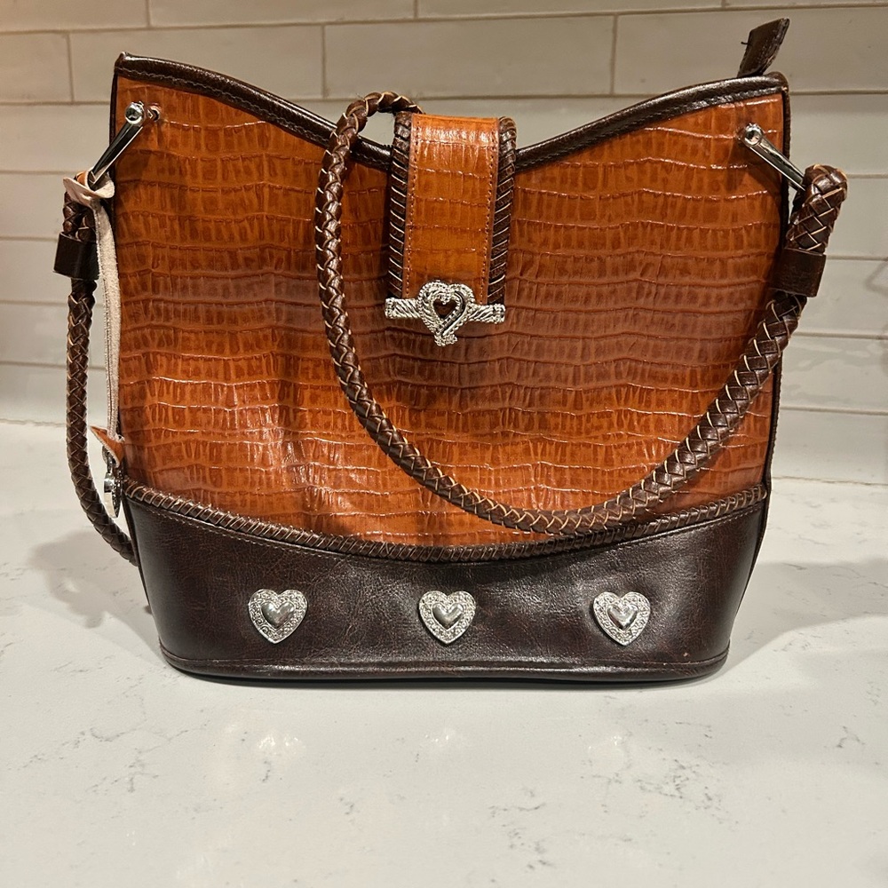 Brighton Cognac and Dark Brown Croc-Embossed Shoulder Bag
